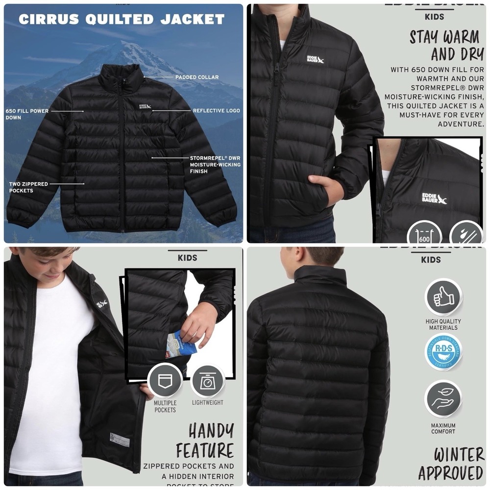 Eddie Bauer Kids CirrusLite 650 Down Puffer Jacket Black M 7/8 Packable Coat - Picture 2 of 16